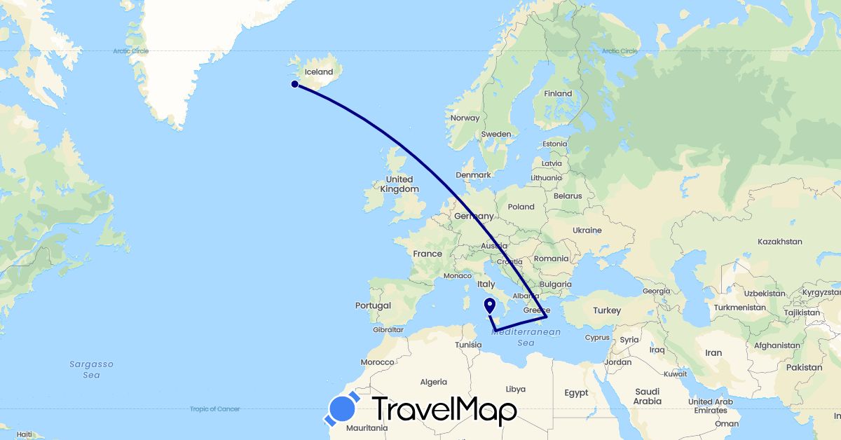 TravelMap itinerary: driving in Greece, Iceland, Italy, Malta (Europe)